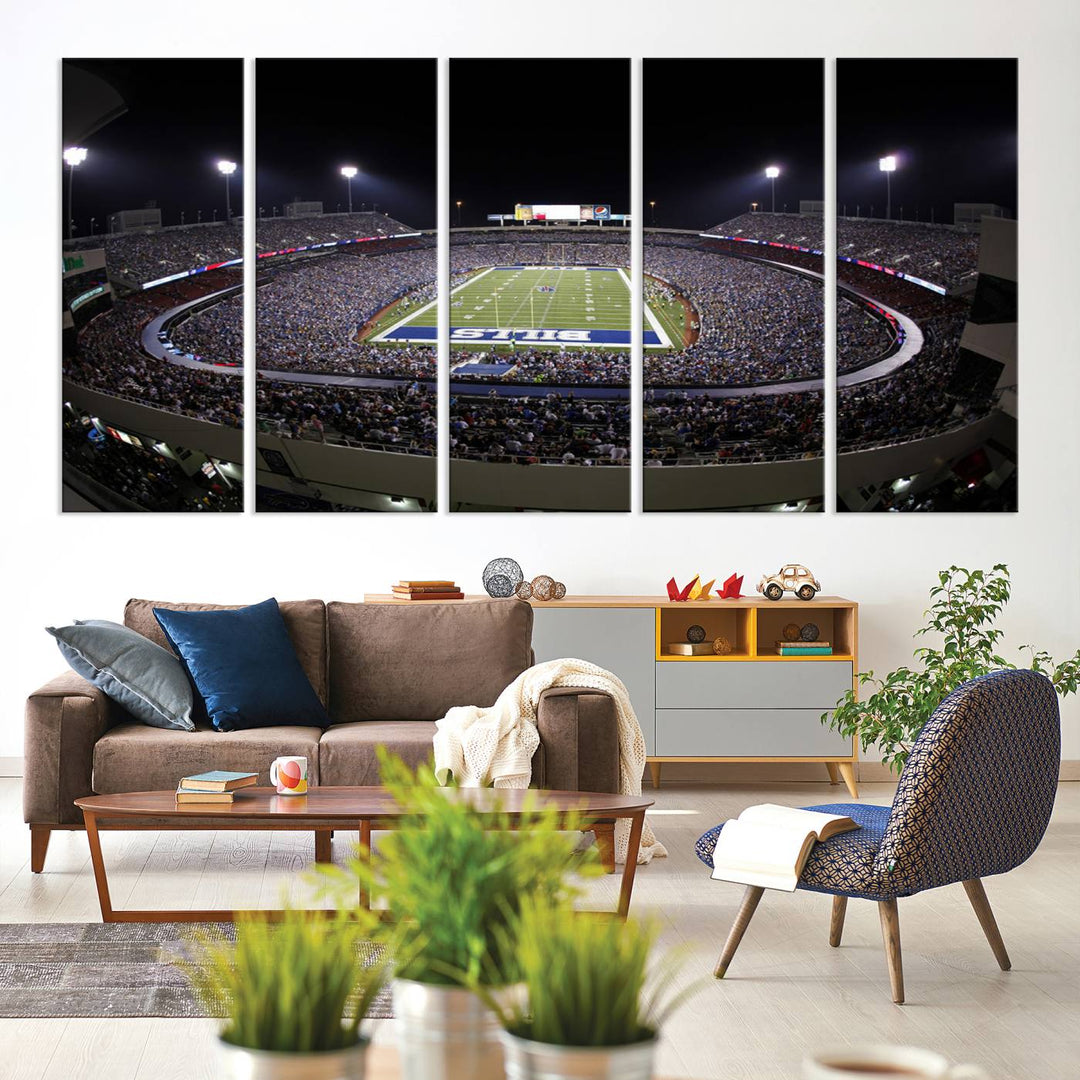 The Buffalo Bills NFL Highmark Stadium at night print captures the bright lights, conveying an exhilarating atmosphere.