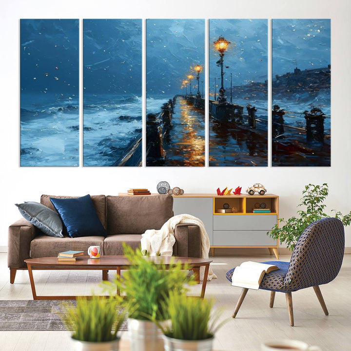 Framed 3-Panel Seaside Night Pier Oil Painting Canvas Wall Art | Ready to Hang Coastal Landscape Art for Modern Living Room, Office, or Bedroom Decor