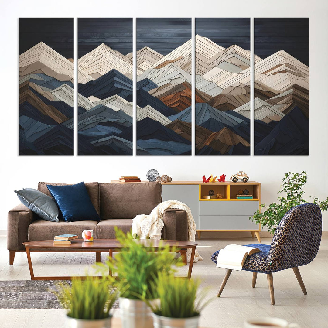 A geometric mountain range wood style wall art in shades of blue, gray, and brown; a 3-piece abstract set perfect for modern rustic decor.