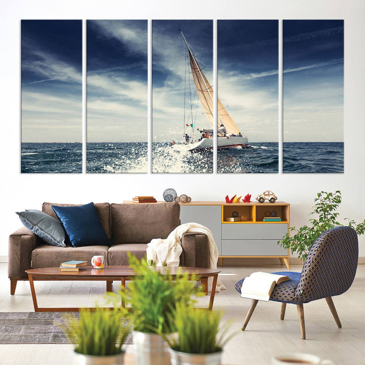 Sailboat Ocean Beach Blue Sky Wall Art Canvas Print