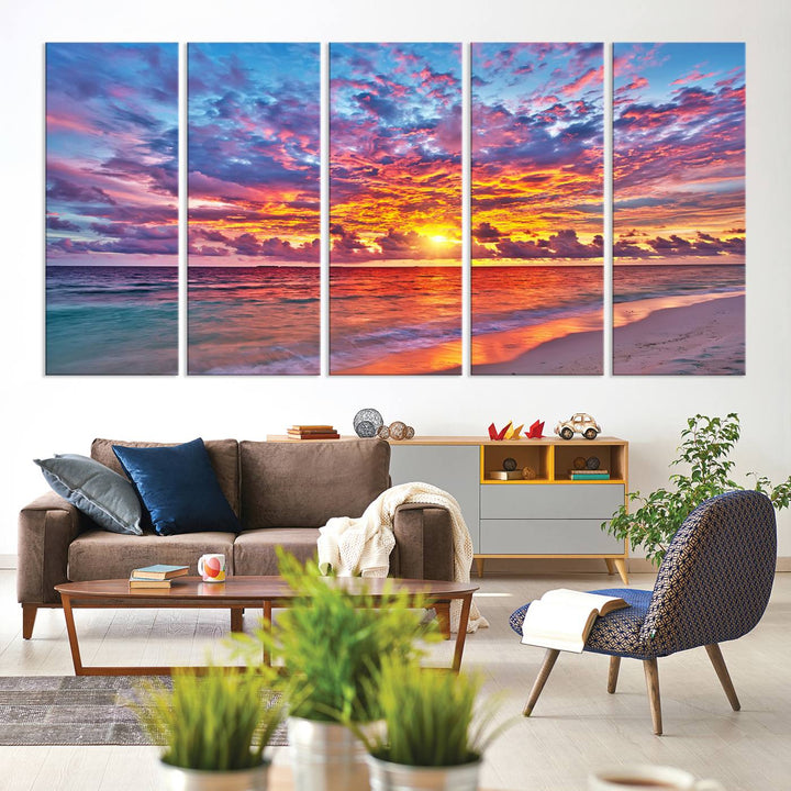 Vibrant Sunset Beach Wall Art | Ocean Sunset Canvas Print | Coastal Wall Art Decor | Ready to Hang | Stunning Sunset Scene for Home or Office Decor