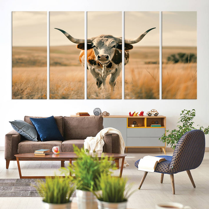 The Texas Cow Longhorn Wall Art Canvas adds rustic charm to the decor.