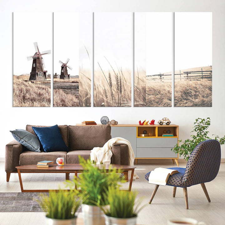 Farmhouse wall art set: 3 giclee canvas prints featuring windmills and wheat fields.