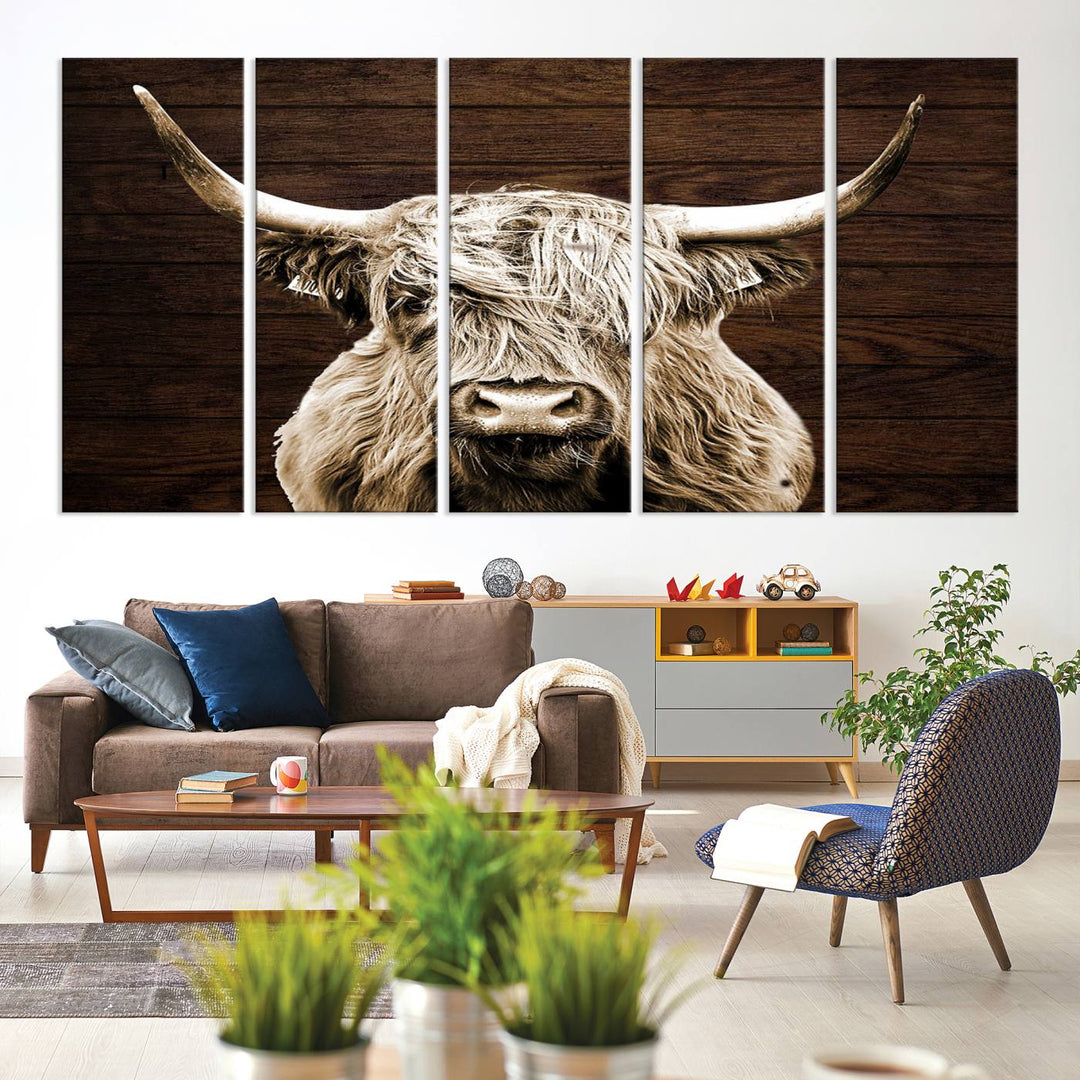 Highland Cow Wall Art Canvas Print, Rustic Farmhouse Decor, Majestic Scottish Highland Bull Portrait for Living Room – Ready to Hang