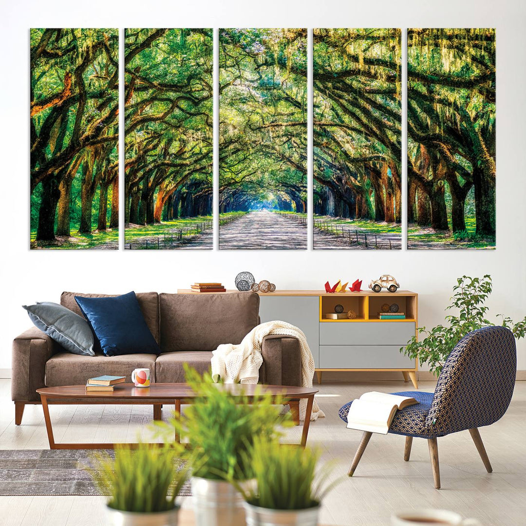 Serene Tree Tunnel Wall Art Canvas Print – Pathway Under Canopy of Lush Green Trees, Nature-Inspired Decor for Living Room – Ready to Hang