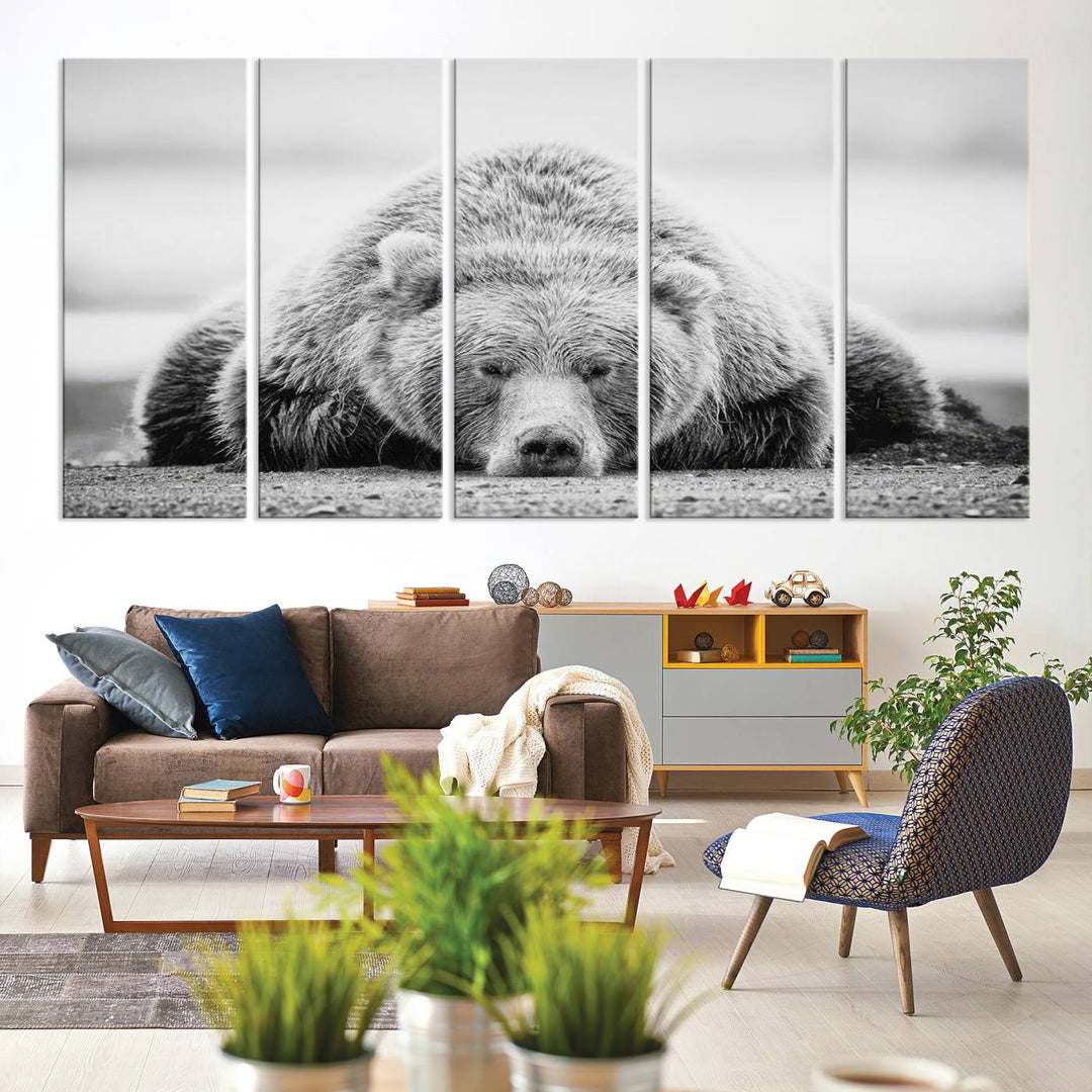 Resting Bear Wall Art Canvas Print – Majestic Lazy Black and White Wildlife Bear Art, Perfect for Nature-Inspired Home Decor – Ready to Hang