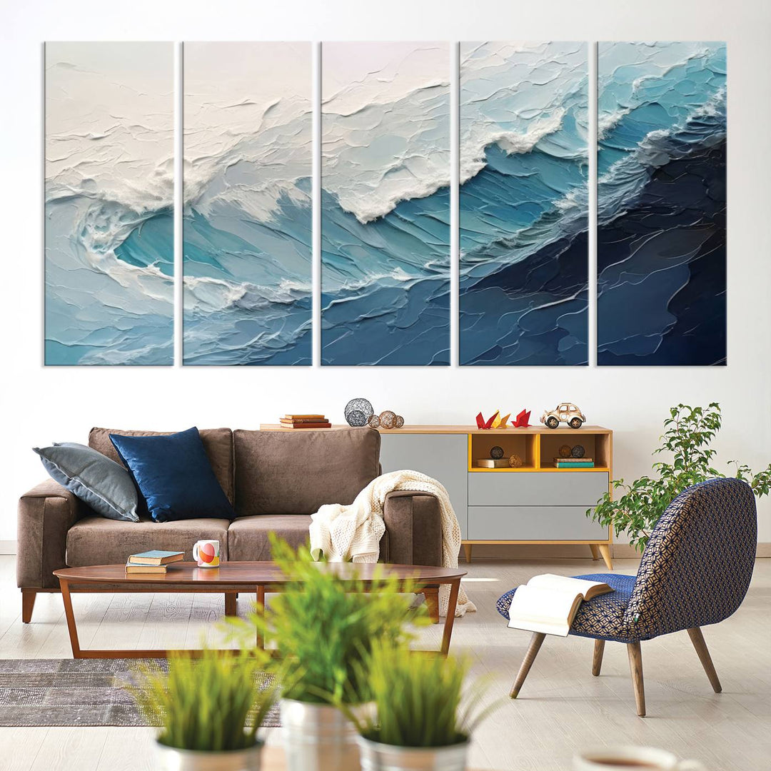 The Blue Abstract Wave Ocean Wall Art Canvas Print hangs prominently.