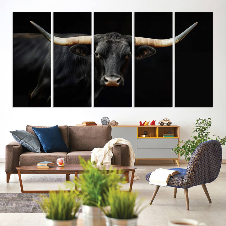 Texas Longhorn Cow | Majestic Black Bull Wall Art Canvas Print - Farmhouse Animal Decor - Ready to Hang