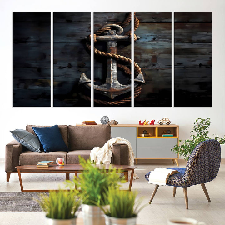 The wooden wall displays a 3 Panel Grunge Abstract Anchor Wall Art Canvas Print Set.