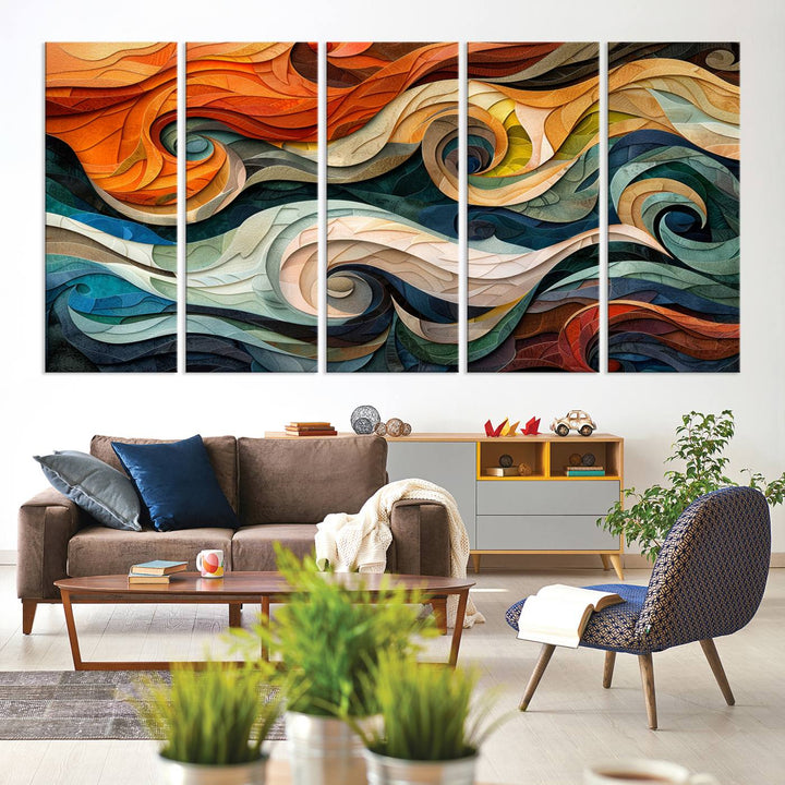 Abstract Wave Wall Art is a ready-to-hang framed canvas print featuring swirling orange, blue, and white patterns. It's perfect for adding vibrant decor to modern spaces.