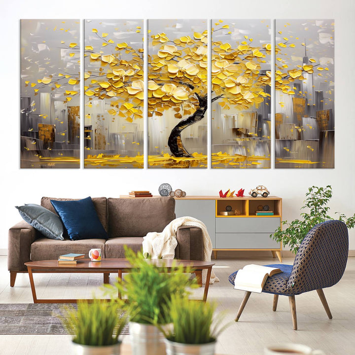 A framed canvas print from the "Golden Tree Canvas Print | Abstract Wall Art for Modern Homes | Ready to Hang Framed Artwork" collection hangs elegantly against the dark wall, epitomizing exquisite abstract wall art.