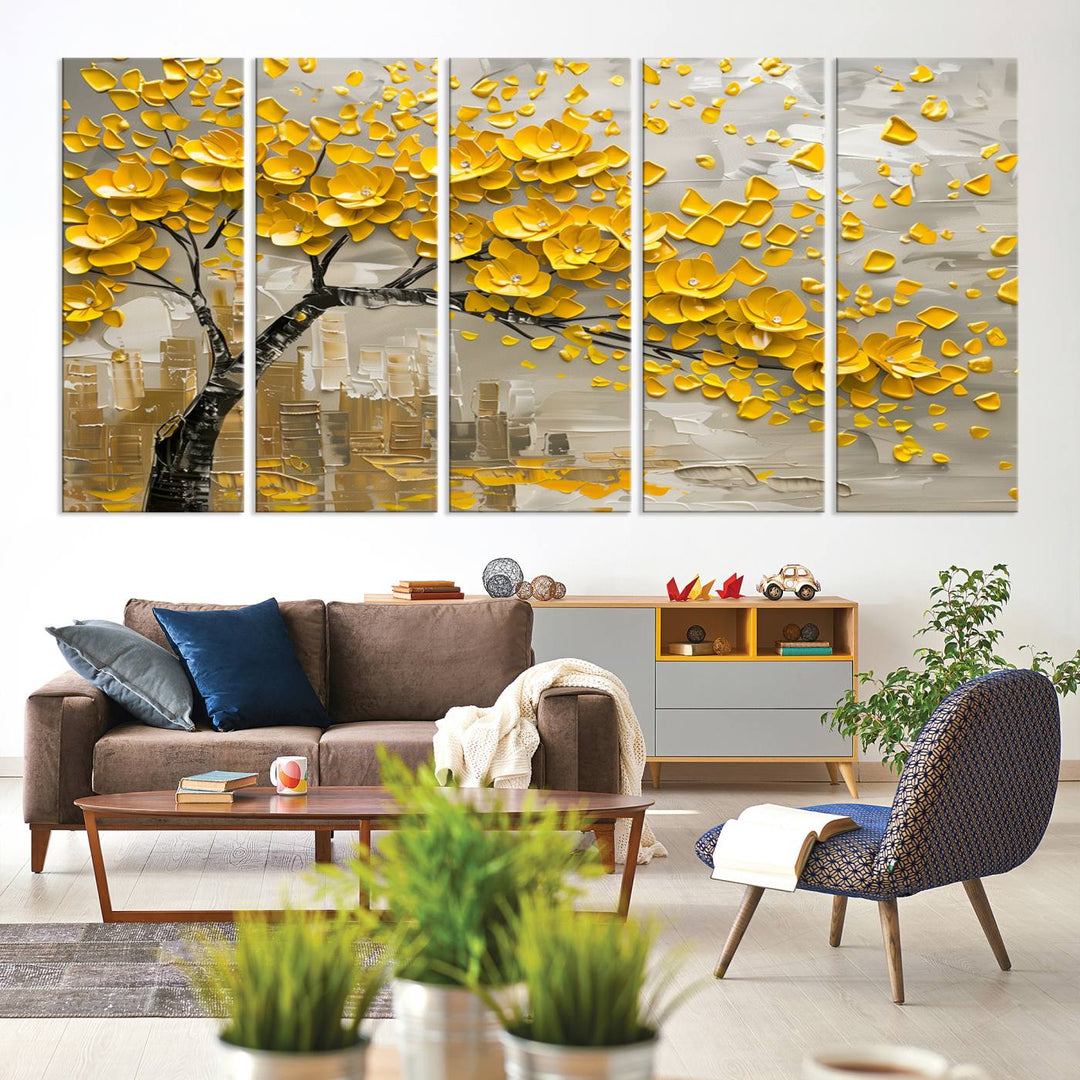 The living room showcases a Yellow Blossom Tree Canvas Wall Art, modern and floral.