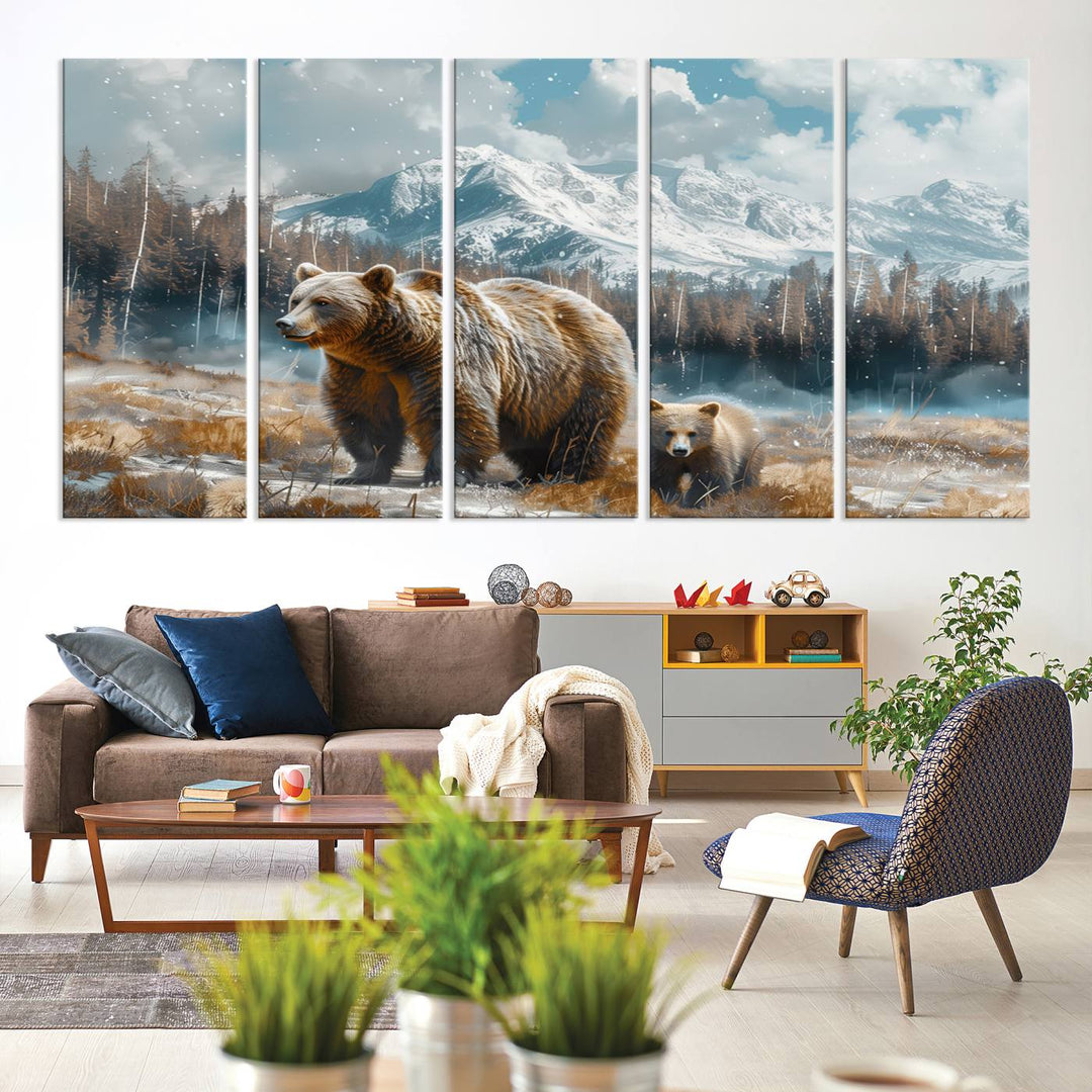 The modern living room features a Bear and Baby Bear Wall Art Canvas Print depicting a snowy mountain landscape, making it a stunning visual piece and a meaningful gift idea.