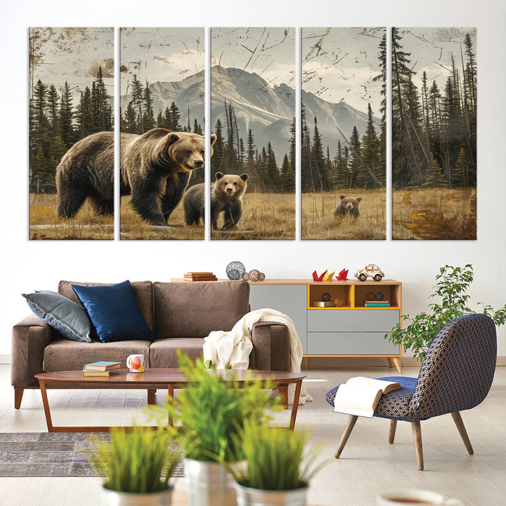 Rustic Grizzly 399: Bear Family Wall Art Canvas Print.