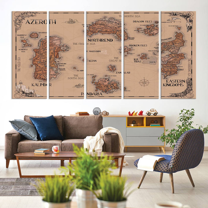 The Vintage Azeroth World Map Canvas Print, a stunning three-piece set, enhances the space with its vintage charm, perfectly complementing your gaming decor.