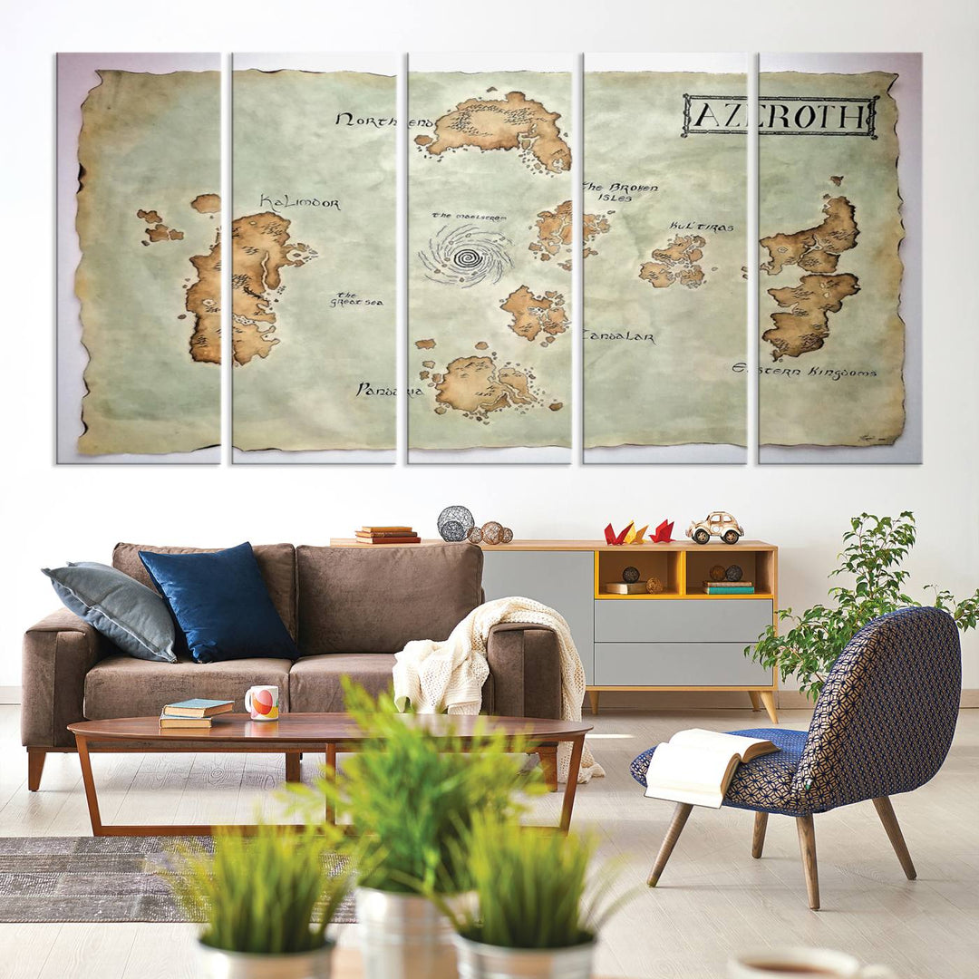 The Azeroth World Map Wall Art Canvas Print, a three-panel vintage piece, brings a cozy fantasy gaming atmosphere to the room.