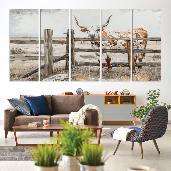 The Abstract Longhorn Cow Wall Art, a ready-to-hang framed canvas print, adds rustic charm and perfectly captures the essence of rural elegance.