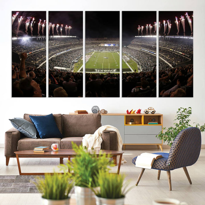 The living room features a spectacular Philadelphia Eagles Football Team Print. This wall art canvas print of Lincoln Financial Field at night captures a Philadelphia Eagles game under the dazzling brilliance of fireworks, making it an eye-catching centerpiece.