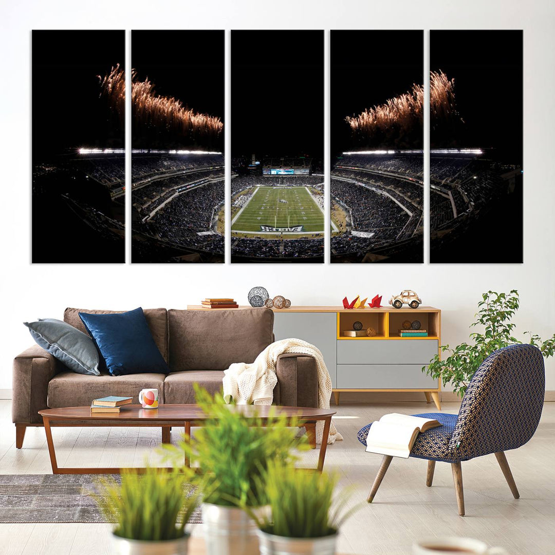 Eagles Stadium Wall Art depicting a nighttime game and fireworks at Lincoln Financial Field.