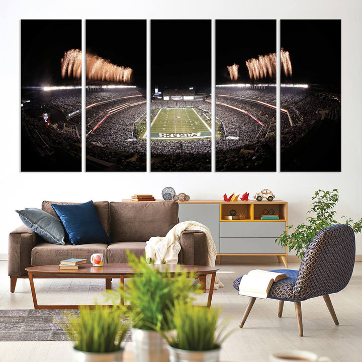 Experience the breathtaking Lincoln Financial Field Fireworks Game captured in this triple canvas wall art. A must-have for any Philadelphia Eagles fan!