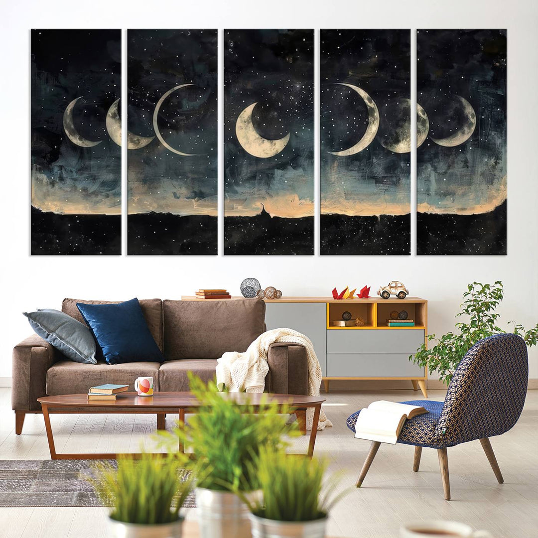 The "Phases of the Moon Wall Art," a framed canvas series capturing the celestial beauty of lunar cycles against a starry night, adds an elegant touch to the contemporary dining room.