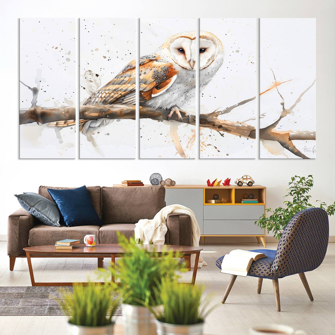 Introduce the tranquility of nature into your home with this stunning canvas print, featuring a Barn Owl on a branch. This triptych wall art, ready to hang and elegantly framed, is perfect for nature lovers seeking serene decor pieces.