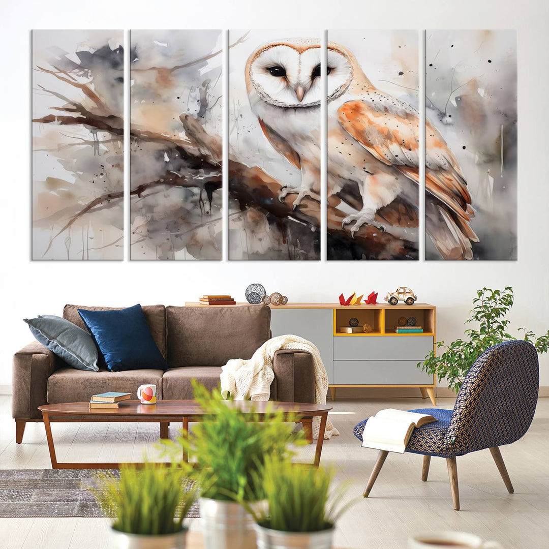 The Barn Owl Wall Art, a watercolor canvas print, elegantly adorns the wall in a modern living room, seamlessly merging farmhouse wall decor with contemporary style.