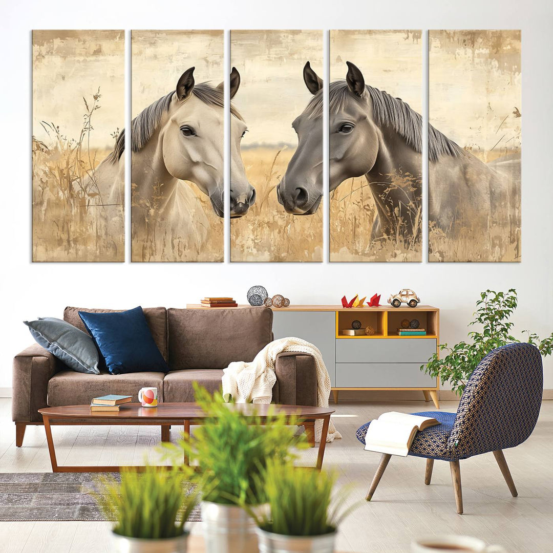 The "Chinese Ink Style Grunge Horses Wall Art Canvas Print," featuring two horses in a field, hangs prominently, highlighting its museum-quality canvas and high-resolution printing.