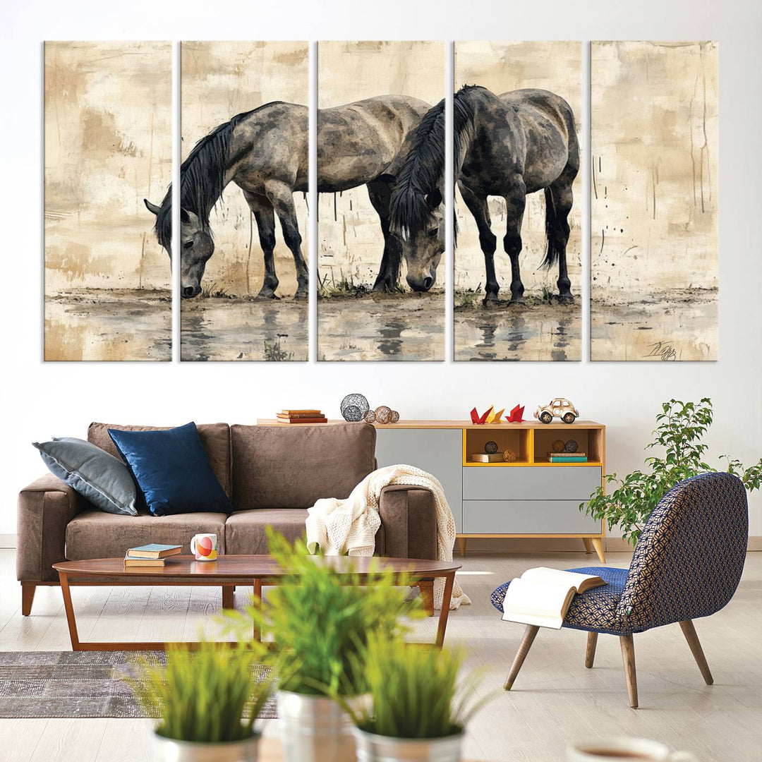 Chines Ink Style Black Horses Wall Art Canvas Print features a triptych painting of two horses drinking at the water's edge.