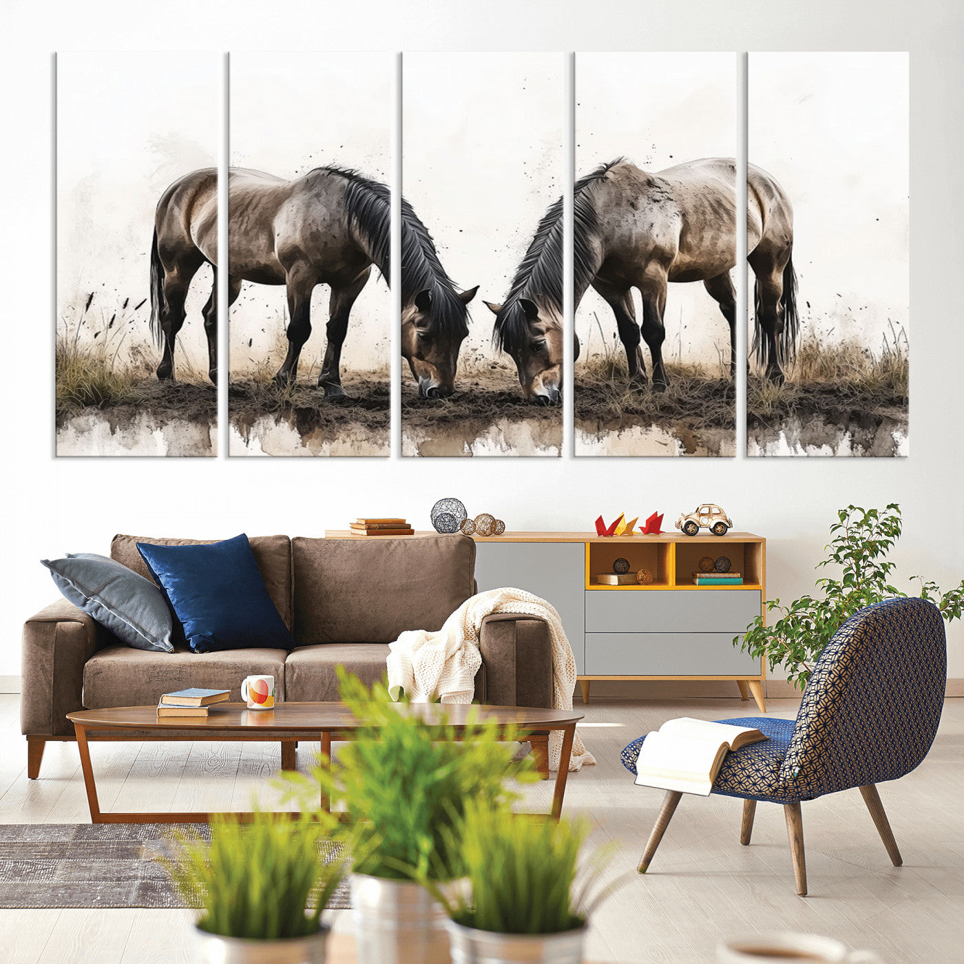 71729-MGV-CV-80X40-5P-Chines Ink Style Horses Wall Art Canvas Print