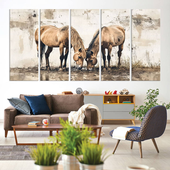 The Vintage Horses Wall Art, a ready-to-hang and framed triptych, beautifully captures two horses gracefully grazing. It perfectly complements the rustic charm of western farmhouse wall decor.