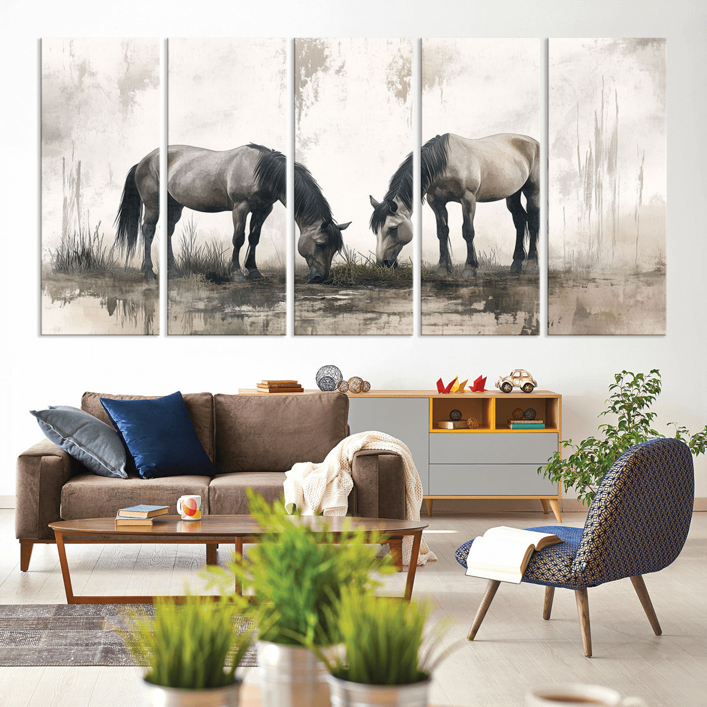 35494-MGV-CV-80X40-5P-Chines Ink Style Vintage Horses Wall Art Canvas Print for Farmhouse Wall Decor