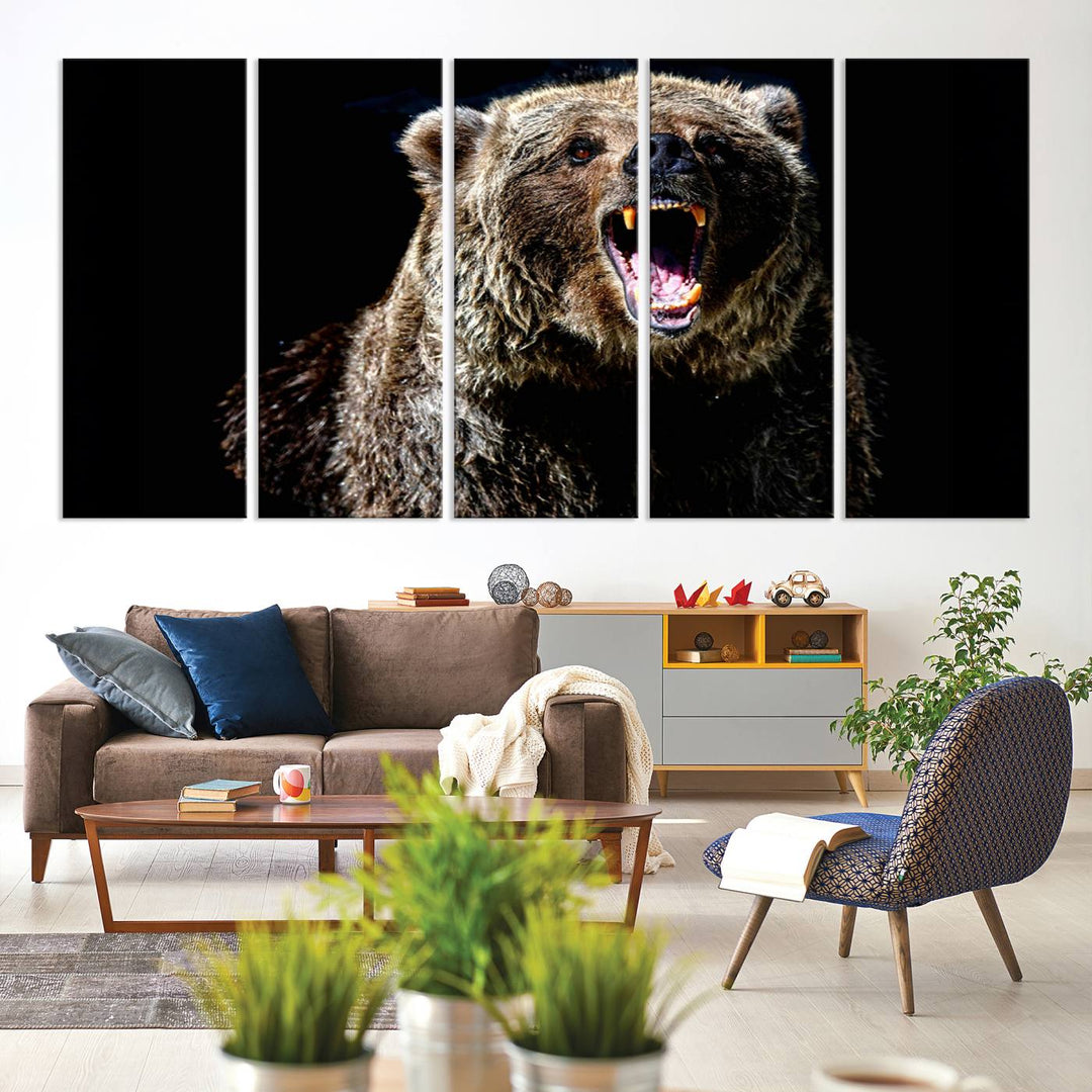 The Grizzly Bear Canvas Print, featuring wildlife wall art on a black background, is ready to hang and is perfect for rustic cabin decor.