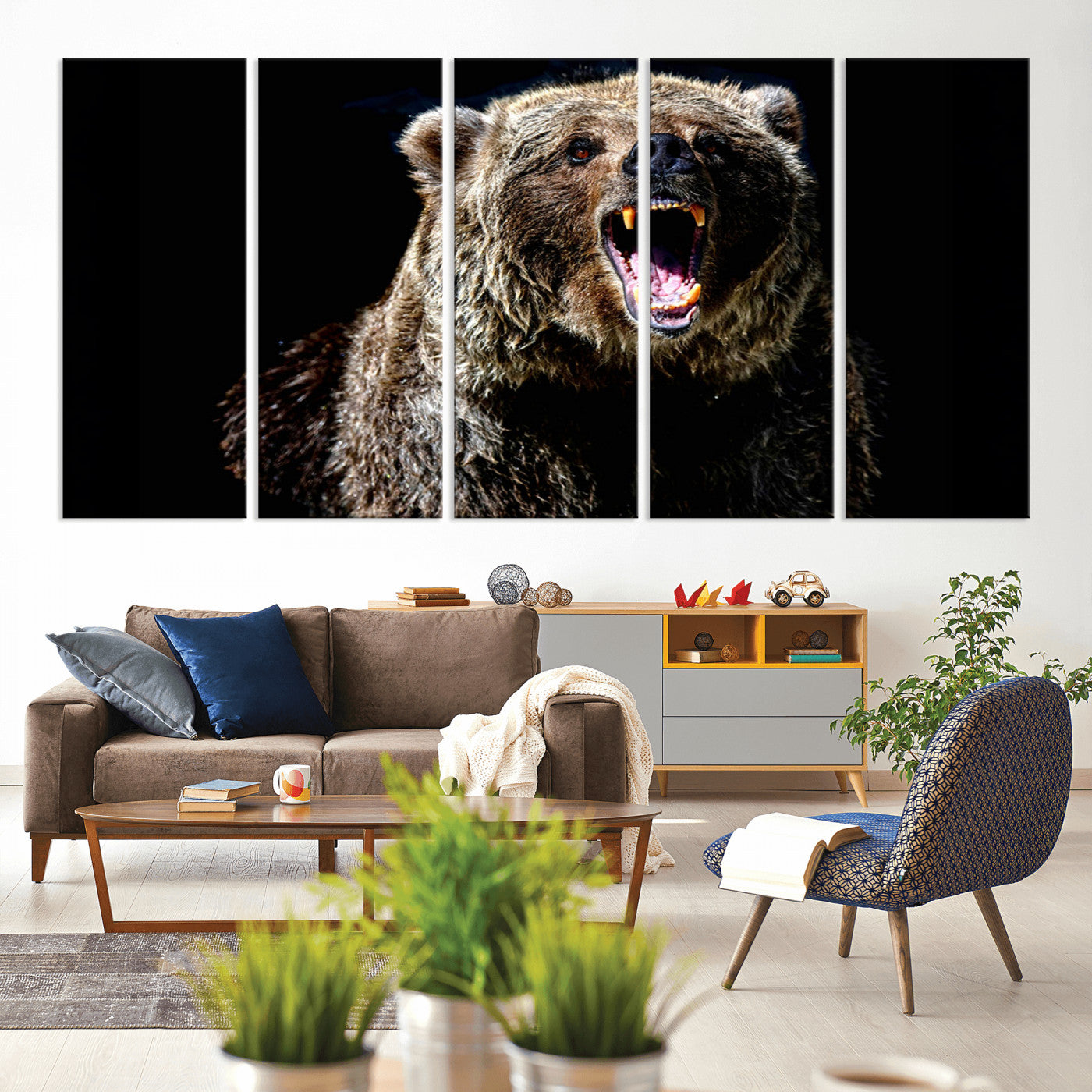 17625-MGV-CV-80X40-5P-Grizzly Bear Canvas Print | Wildlife Wall Art for Cabin Decor | Ready to Hang Framed
