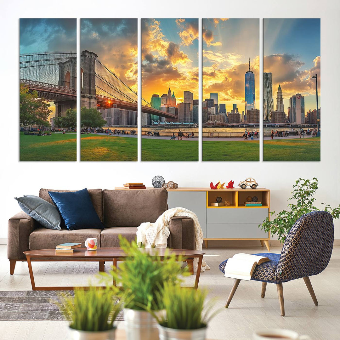 The "Brooklyn Bridge New York Skyline Wall Art" is a ready-to-hang framed canvas print that beautifully captures the cityscape at sunset, showcasing the iconic Brooklyn Bridge and majestic skyscrapers.