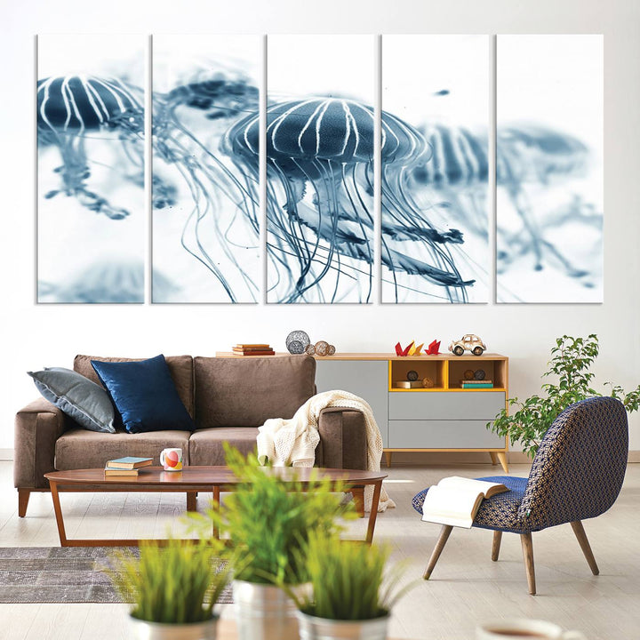 The Abstract Jellyfish Wall Art Canvas Print, a three-panel piece featuring high-resolution printing, hangs elegantly in the room, adding vibrant detail to the space.