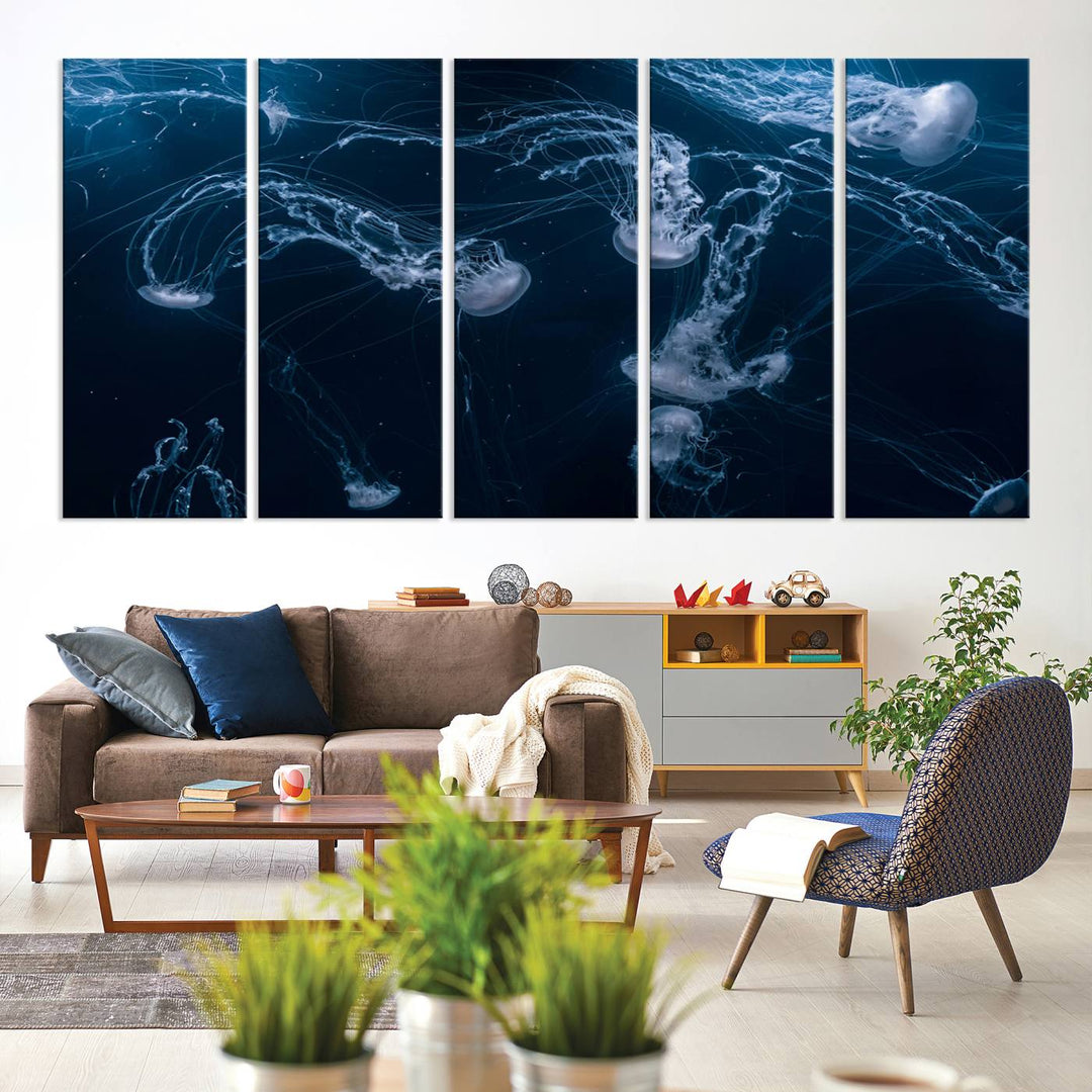 Room with modern decor, featuring the Abstract Jellyfish in Ocean Wall Art Canvas Print on museum-quality canvas.