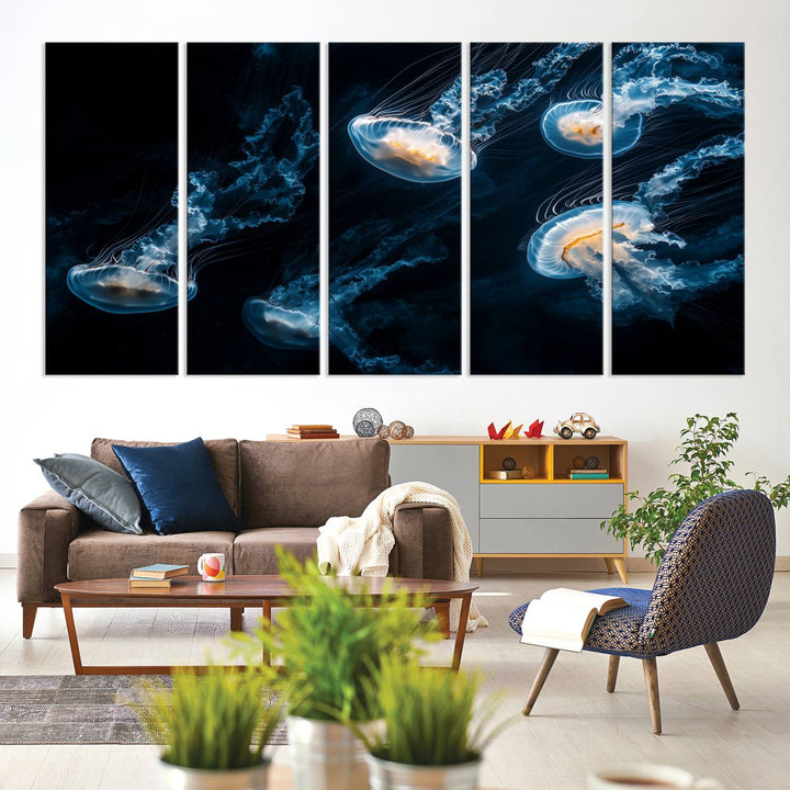 The "Jellyfish Wall Art Canvas Print," featuring a sea-themed design of glowing jellyfish, is displayed in high-resolution on museum-quality canvas.