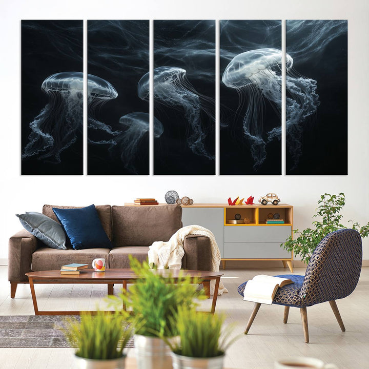 The Jellyfish Wall Art Canvas Print features glowing jellyfish in vibrant colors on museum-quality canvas.