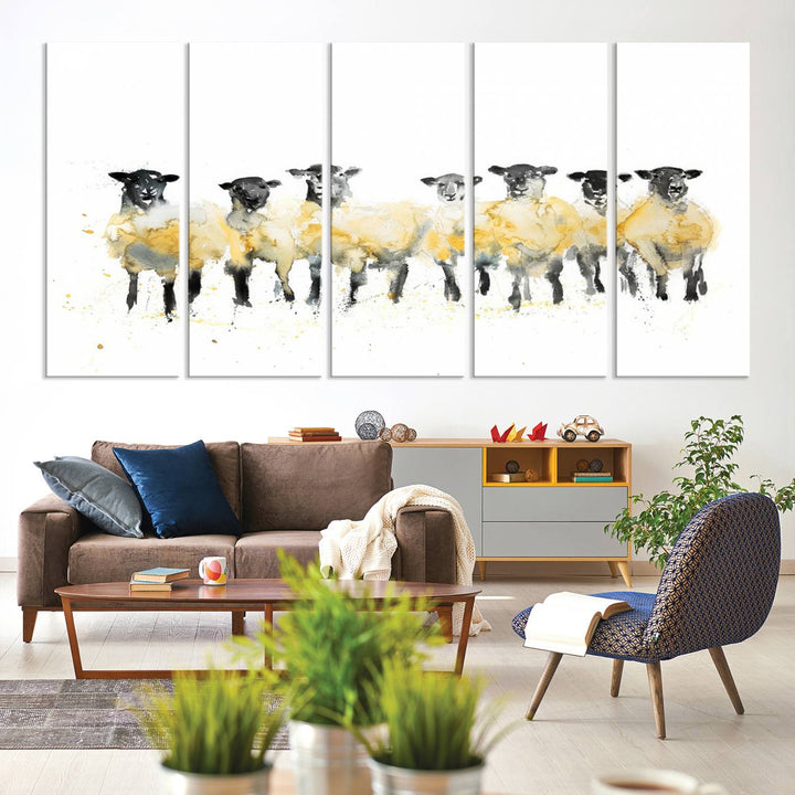 The Farmhouse Wall Art Sheep Print, ready to hang as a framed canvas, adorns the black wall, adding a hint of rustic barn decor.