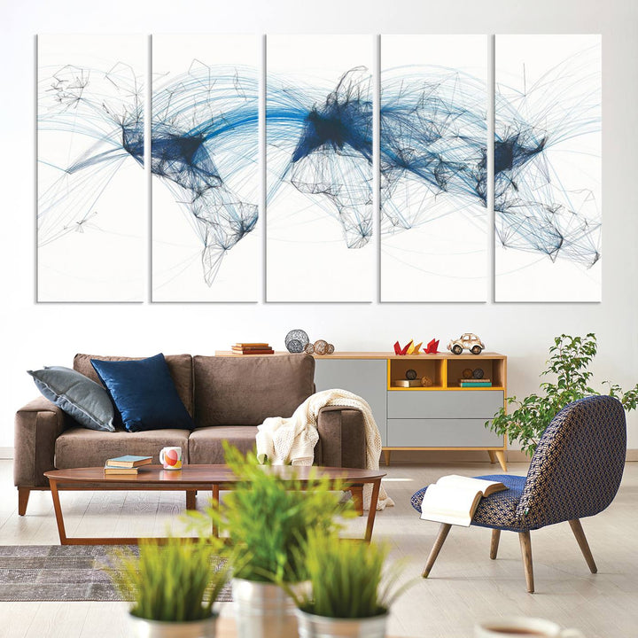 The Aviation Flight Map Wall Art is a set of three abstract panels featuring a world map with blue lines, resembling a flight map. Ideal for aviation enthusiasts, this ready-to-hang framed air traffic art print enhances the appeal of modern decor.