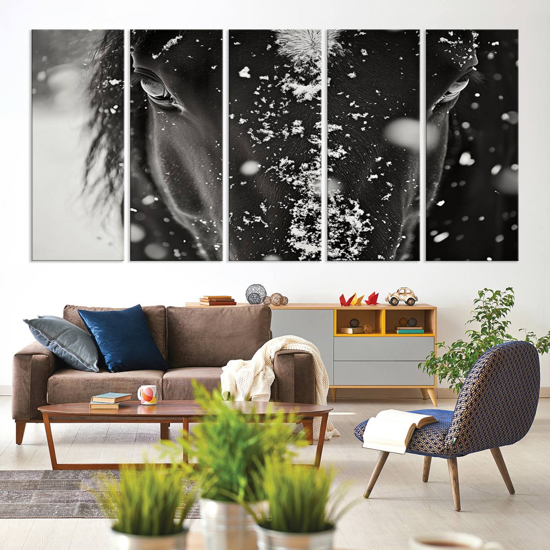 The Winter Horse Snow Wall Art Canvas Print, a black and white triptych showcasing a snow-covered horse's face, infuses the space with rustic cabin decor.