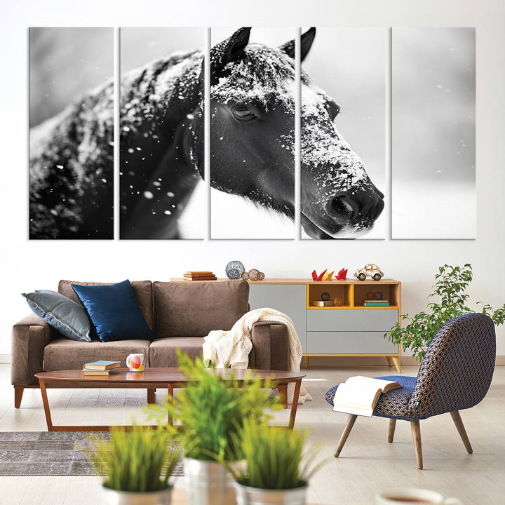 A set of Winter Horse Snow Wall Art Canvas Prints hangs, creating the perfect touch of Rustic Cabin Decor.