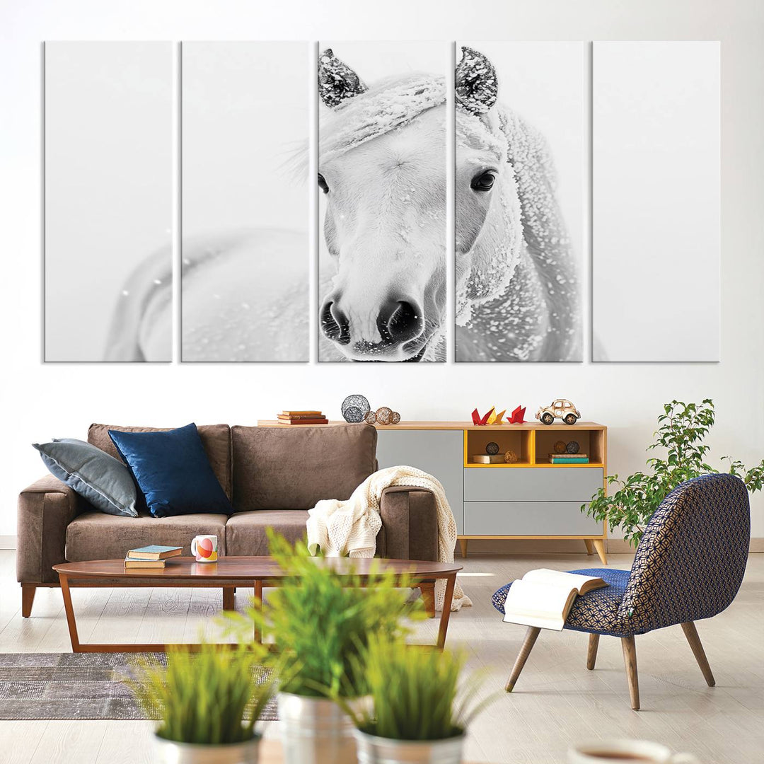 The dining room features the Majestic White Horse Wall Art, adding to its rustic charm.