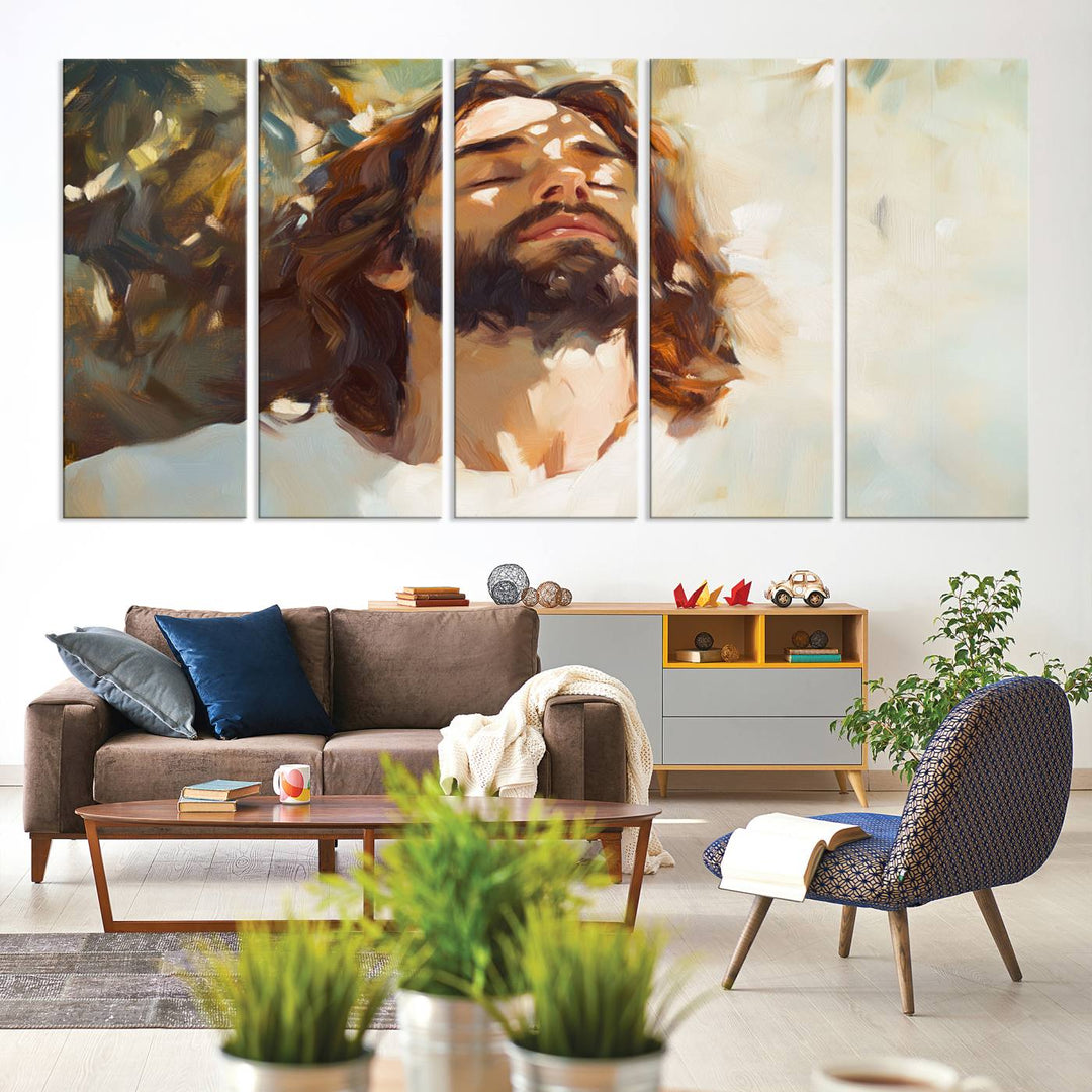 The Jesus Portrait Wall Art Canvas Print features a depiction of Jesus Christ with closed eyes, basking in sunlight. His expression exudes a peaceful, spiritual atmosphere against a blurred background.