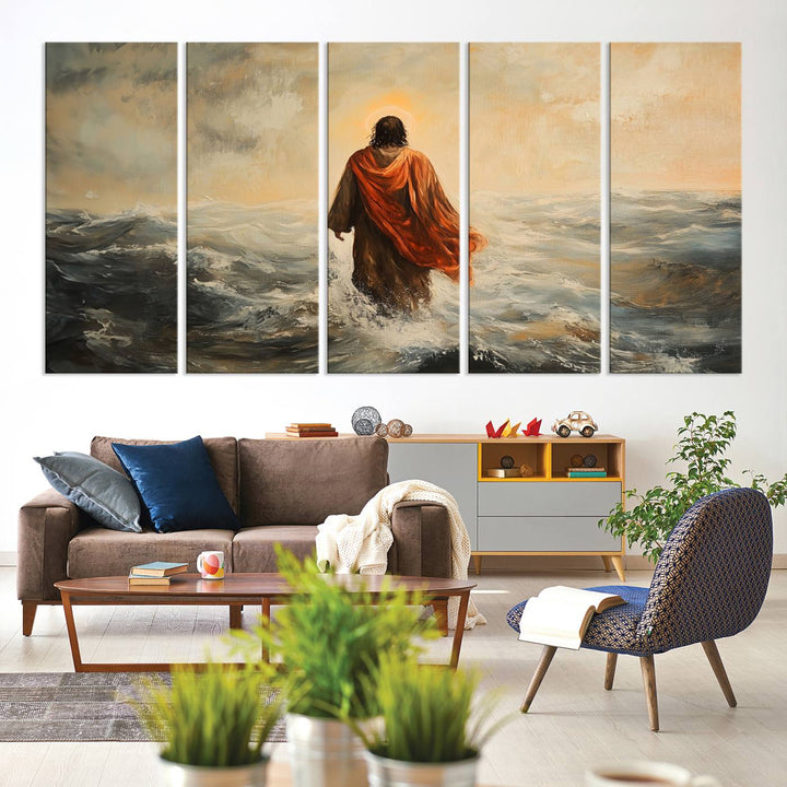 This triptych wall art, titled "Jesus Walking on Water," presents a figure in a red cloak crossing turbulent seas. It is perfect for those looking for religious home decor with a contemporary flair.