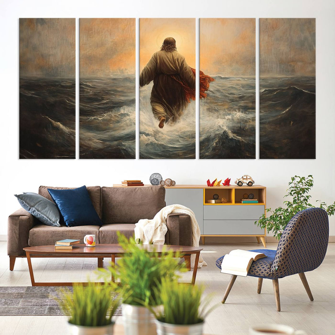 A modern living room is adorned with a triptych titled "Jesus Walking on Water, Christian Wall Art, Jesus Christ Walking on Oil Painting Style Print." The artwork, presented on museum-quality canvas, showcases vibrant colors and exquisite detail.