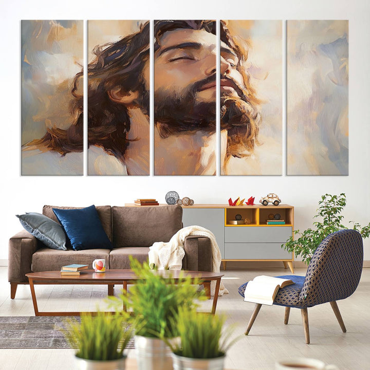 This museum-quality canvas print, titled "Jesus Portrait," features an oil painting style depiction of Jesus Christ with a closed-eyed expression. The high-resolution printing captures every detail beautifully.