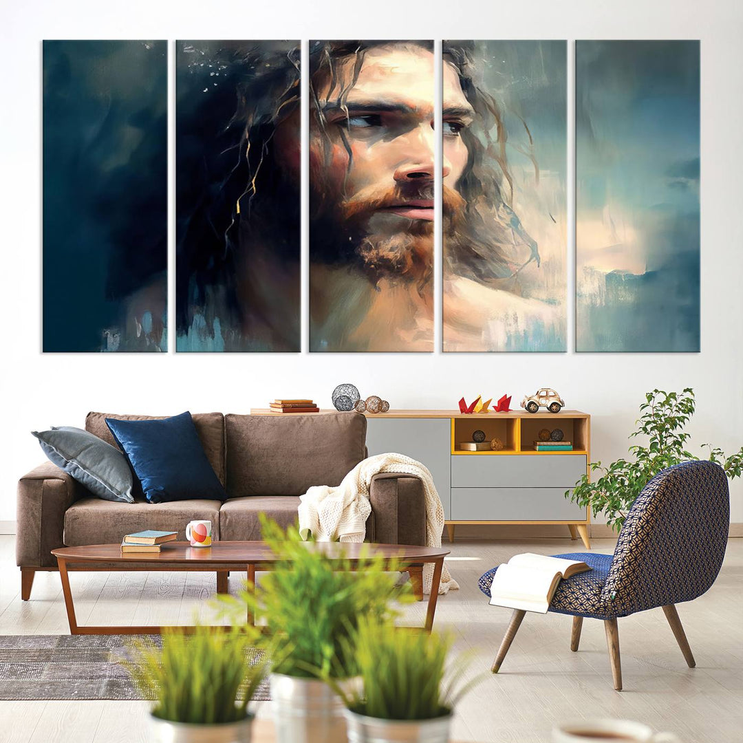 The Jesus Portrait Wall Art Canvas Print, featuring a depiction of a man with long hair and a beard, is showcased on a wooden wall. This Christian Wall Art is rendered on museum-quality canvas, highlighting the mastery of high-resolution printing in an oil painting style.