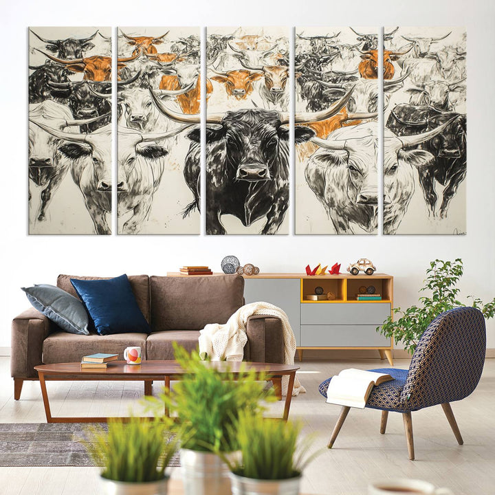 This exquisite farmhouse wall art, titled "Western Longhorn Cattle Canvas Print," showcases a majestic herd of longhorn cattle in a three-panel design. This ready-to-hang and framed barn decor infuses your space with rustic charm.